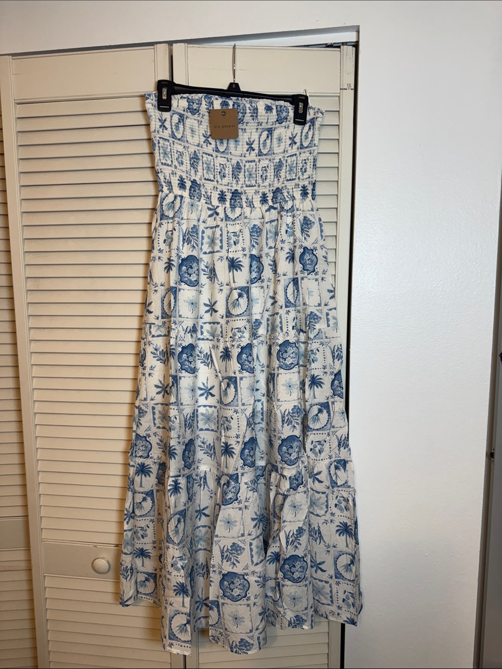Blu Pepper White Maxi Dress with Blue Floral Tile Print